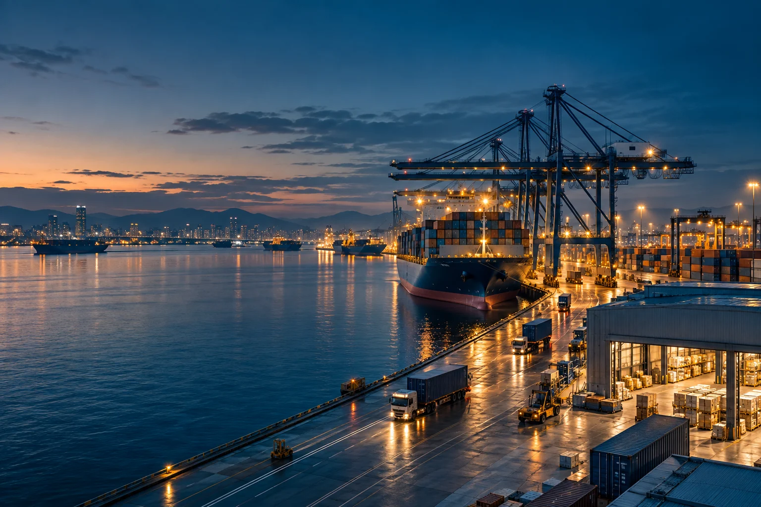 Container port and distribution operations at blue hour
